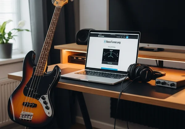 Laptop showing an online bass tuner next to a bass guitar.