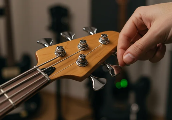 A 5-string bass guitar with tuning pegs, ready to tune