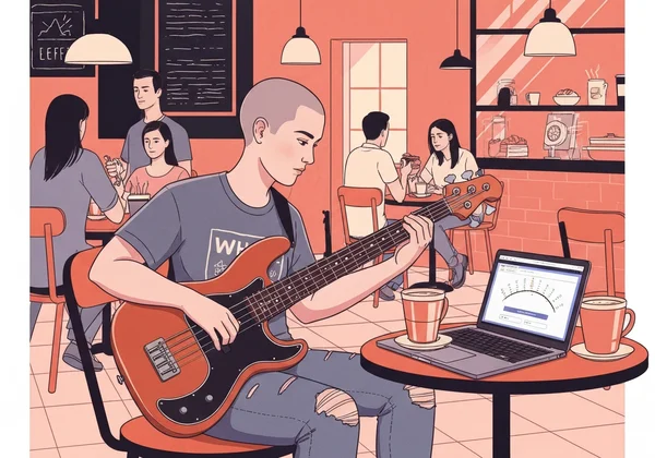 Bass player tuning in a loud room with online tool