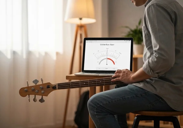 Person tuning a bass guitar using an online tuner