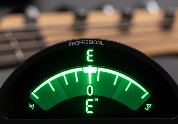 The bass tuner's dial showing a perfect green signal.